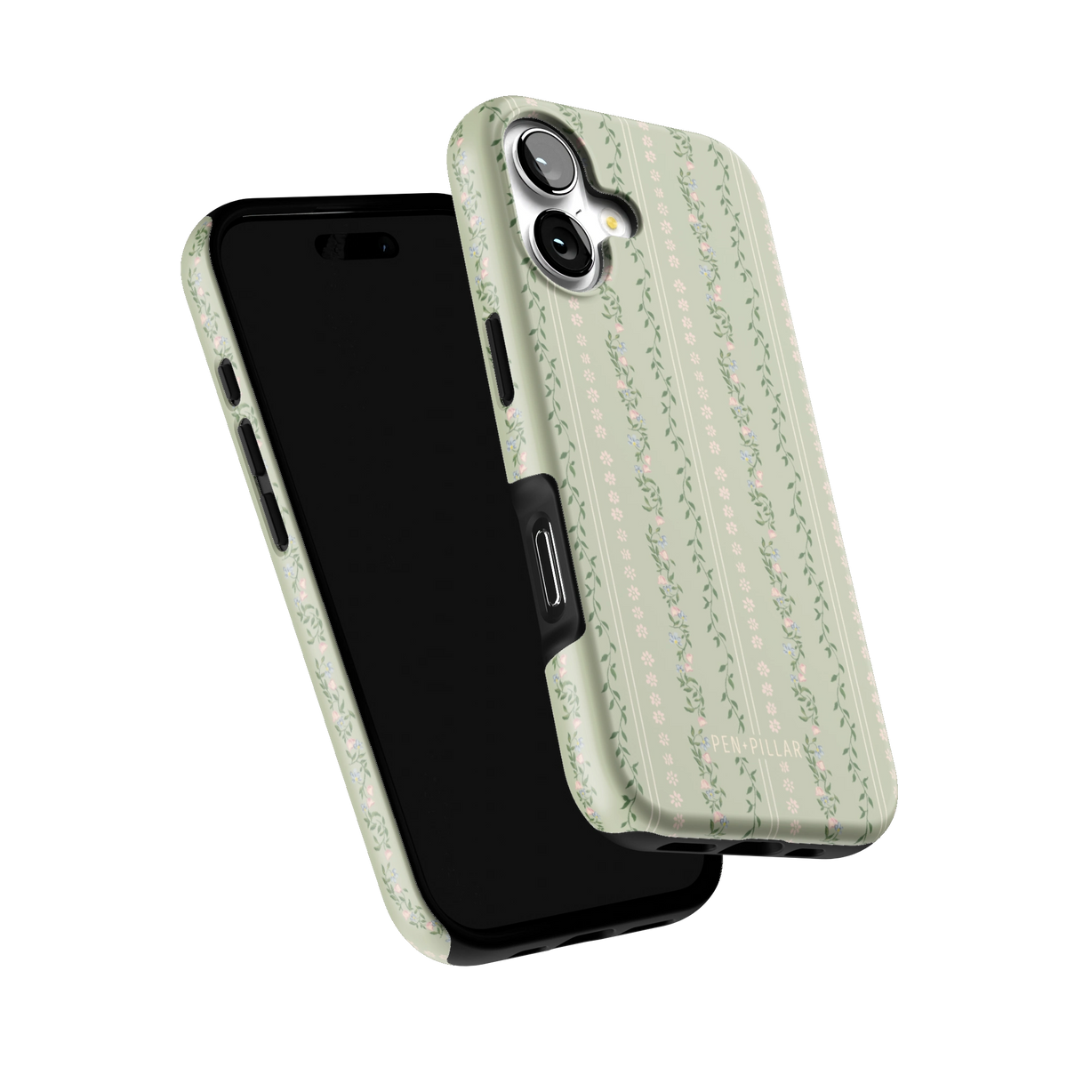 Camellia iPhone 17 case tilted to show the raised edges around the screen and camera