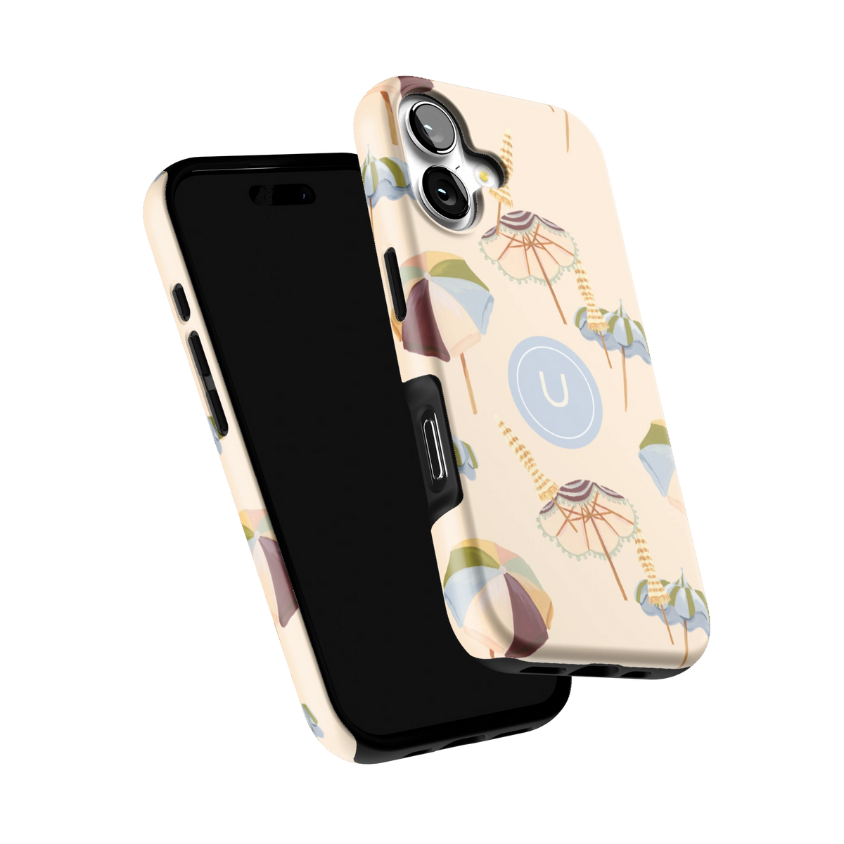 Umbrellas Personalized iPhone 17 case tilted to show the raised edges around the screen and camera