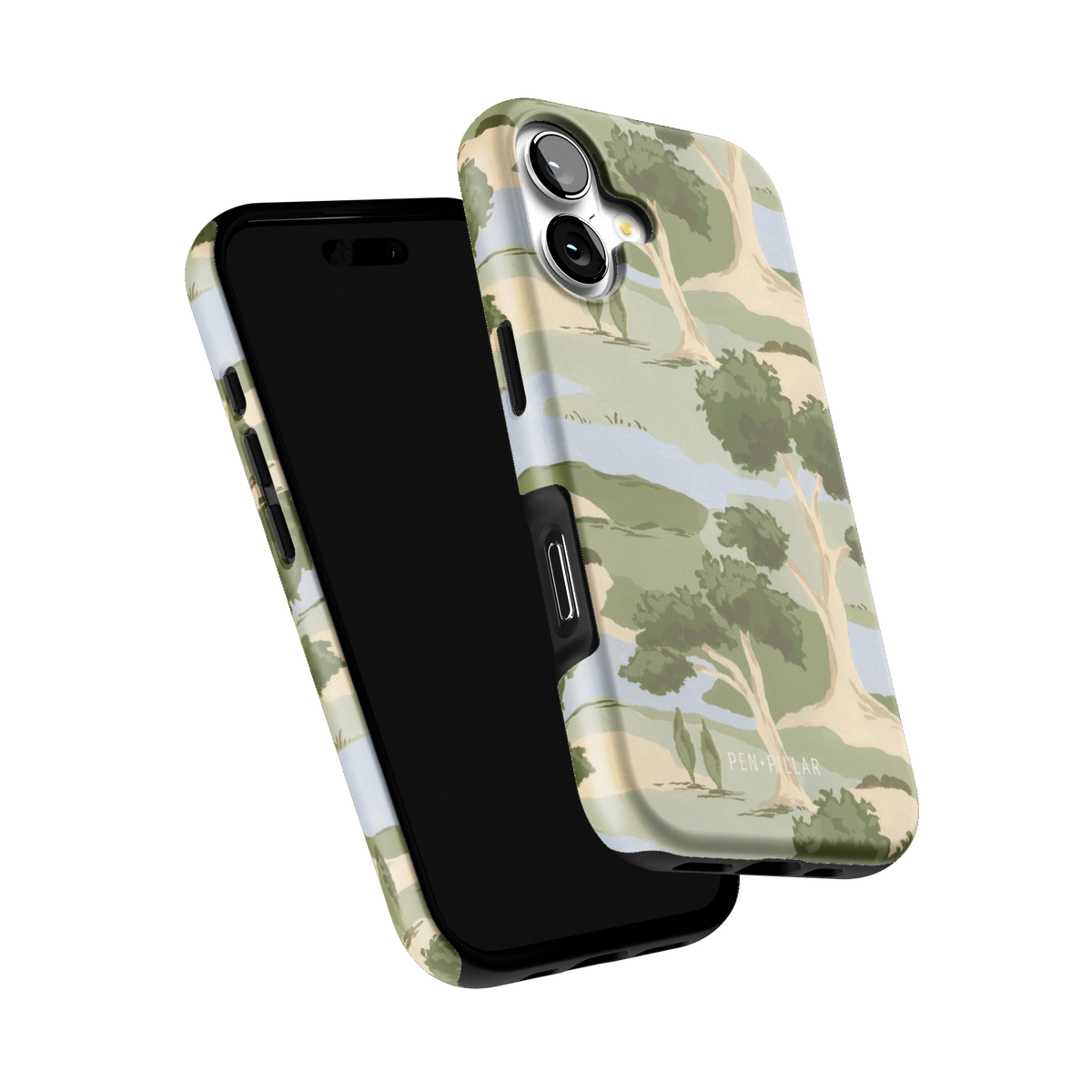 Orchard iPhone 17 case tilted to show the raised edges around the screen and camera