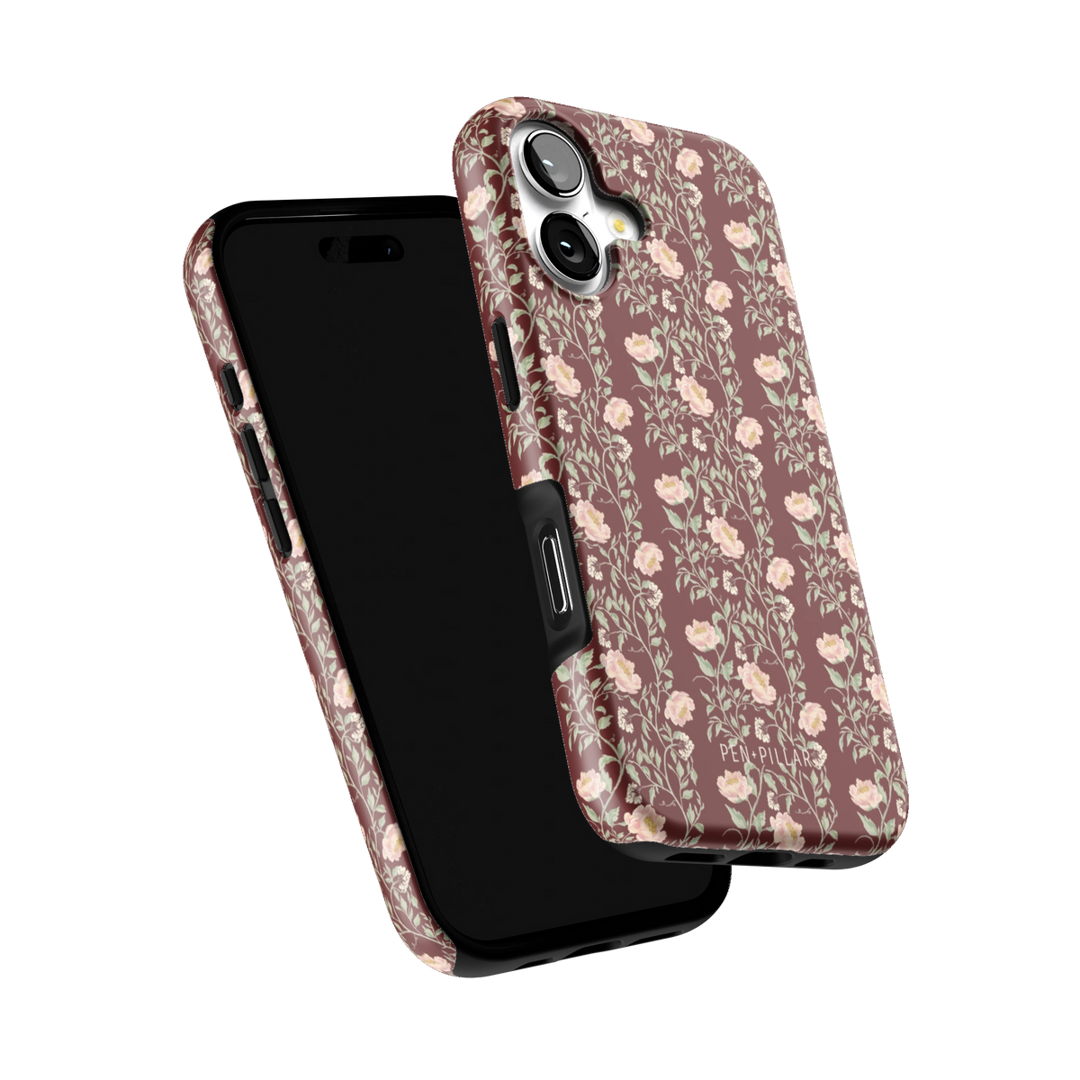 Thicket iPhone 17 case tilted to show the raised edges around the screen and camera