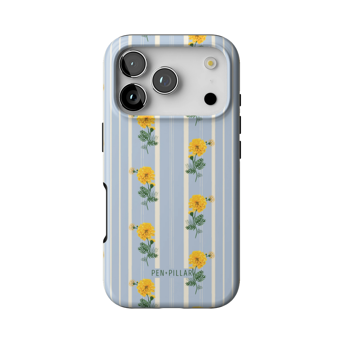 October Birth Month case on iPhone 17 Pro, back view: yellow marigolds on blue and cream stripes