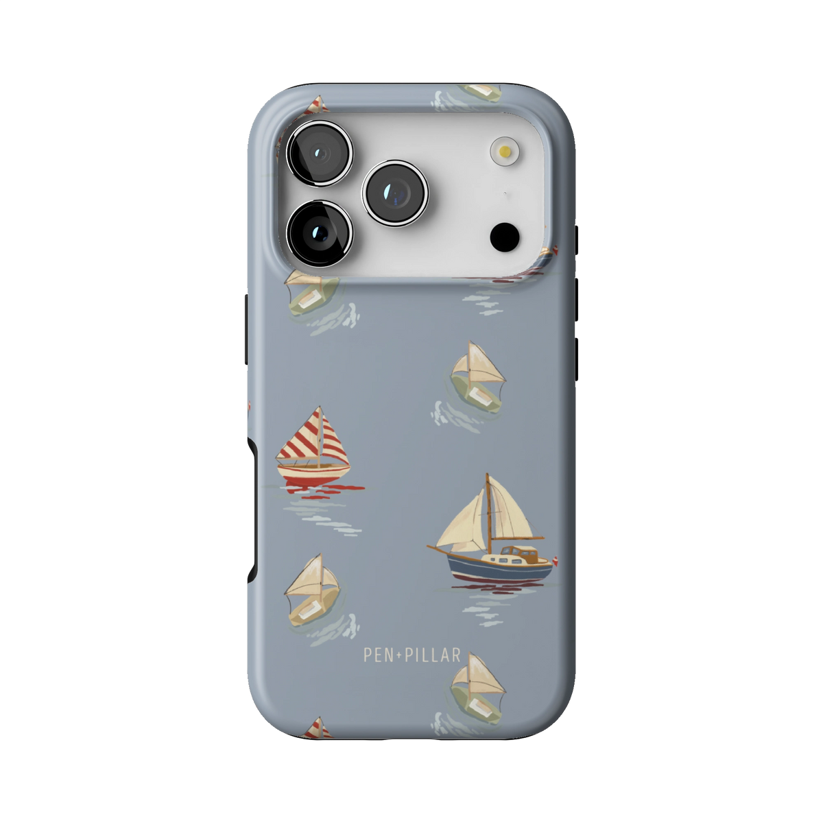 Harbor case on iPhone 17 Pro, back view: sailboats and paper boats on dusty blue