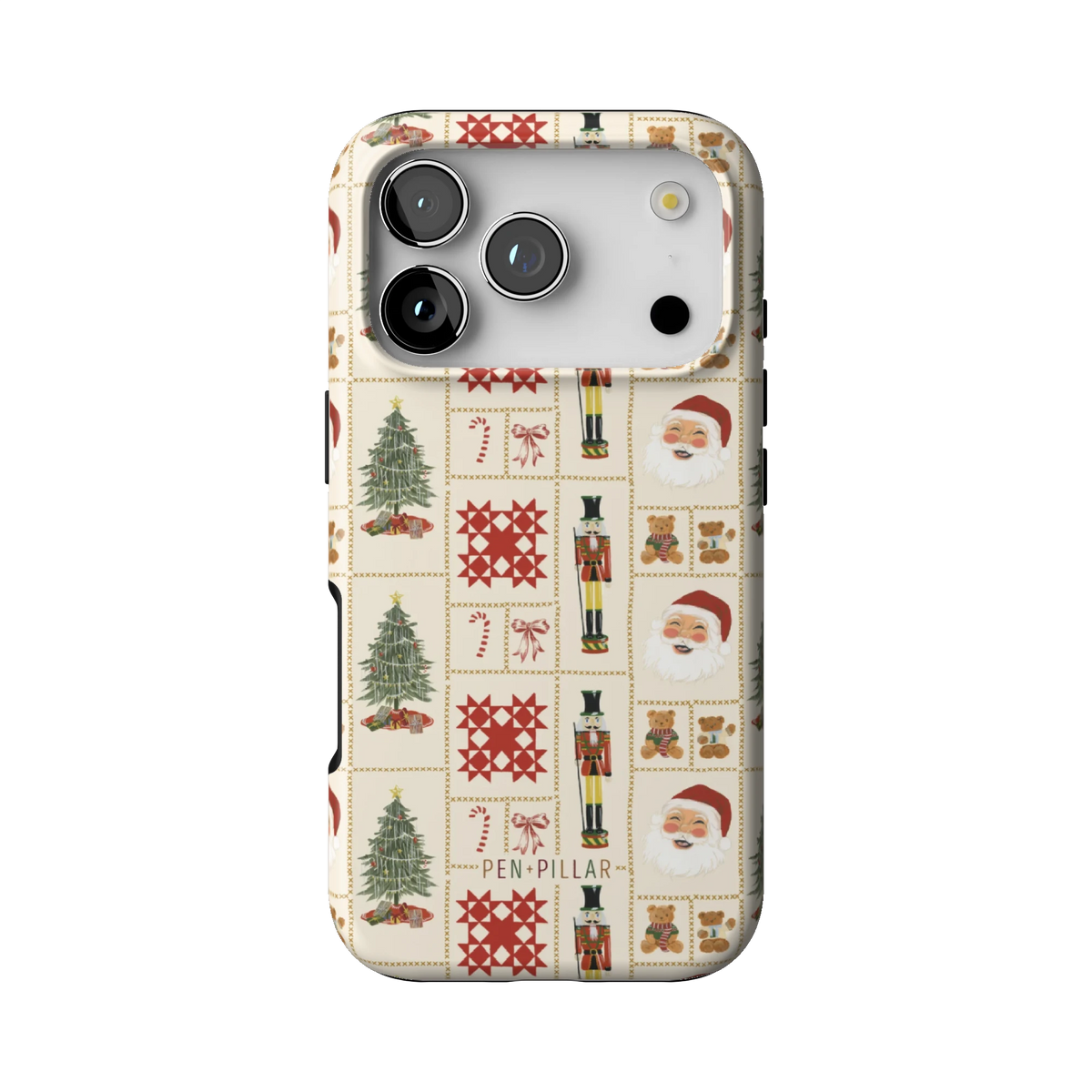Holiday Sampler case on iPhone 17 Pro, back view: Christmas sampler squares with trees, Santas and nutcrackers