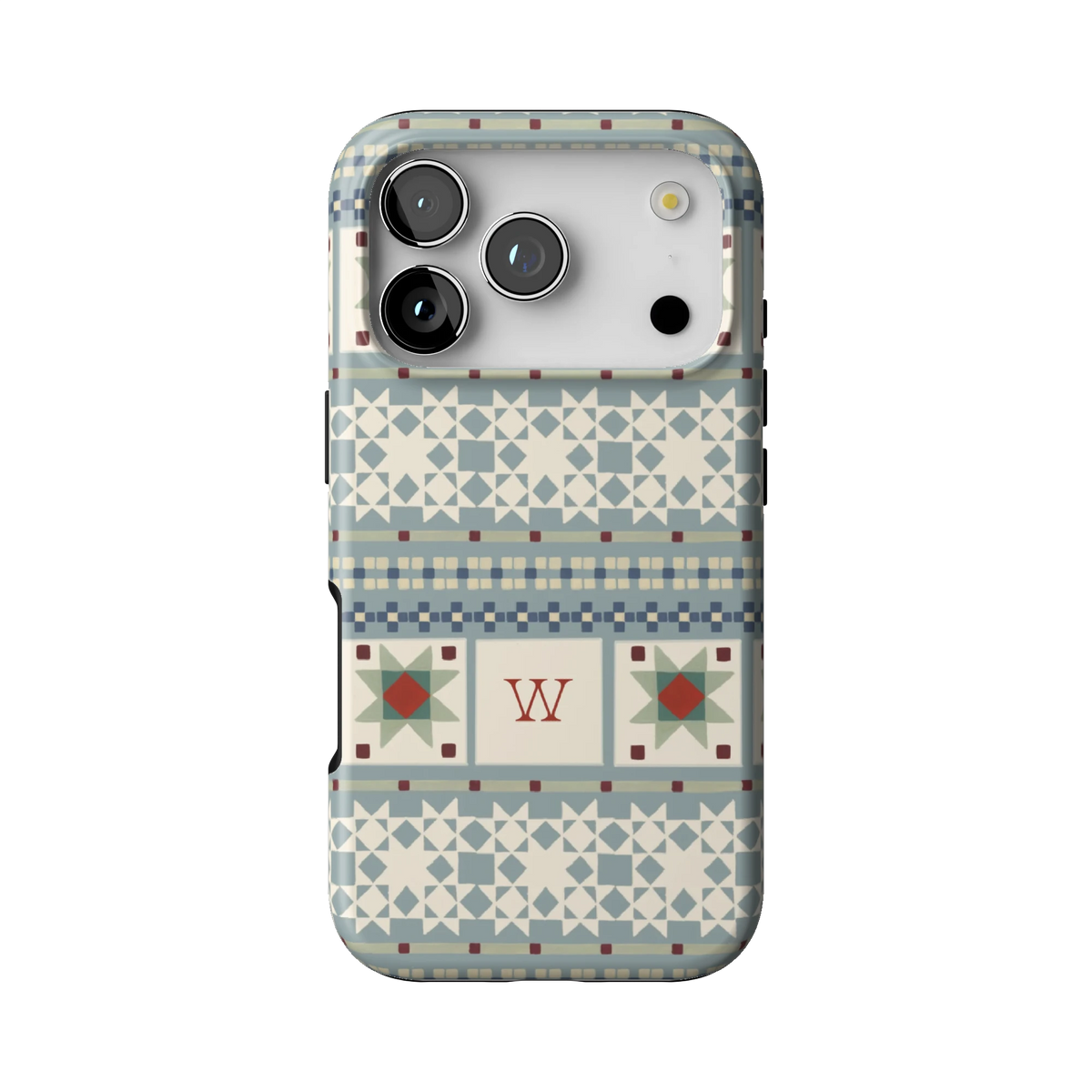 Winterberry Personalized case on iPhone 17 Pro, back view: pale blue Fair Isle bands with red and green quilt stars with the initial W