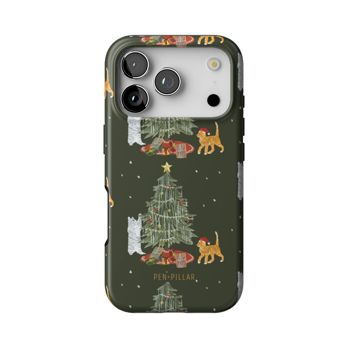 Festive Cats case on iPhone 17 Pro, back view: a Christmas tree, presents and playful cats on olive green