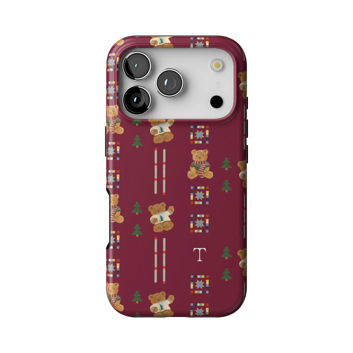 Teddy Personalized case on iPhone 17 Pro, back view: teddy bears in scarves and small pine trees on cranberry red with the initial T