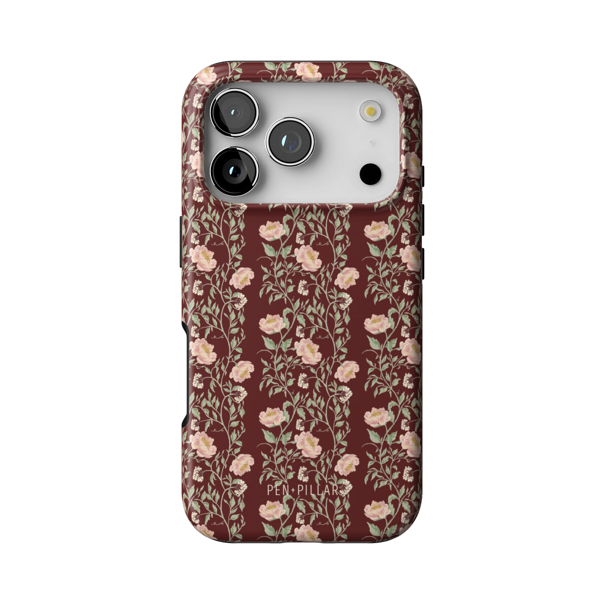 Thicket case on iPhone 17 Pro, back view: dense blush and cream florals on deep burgundy