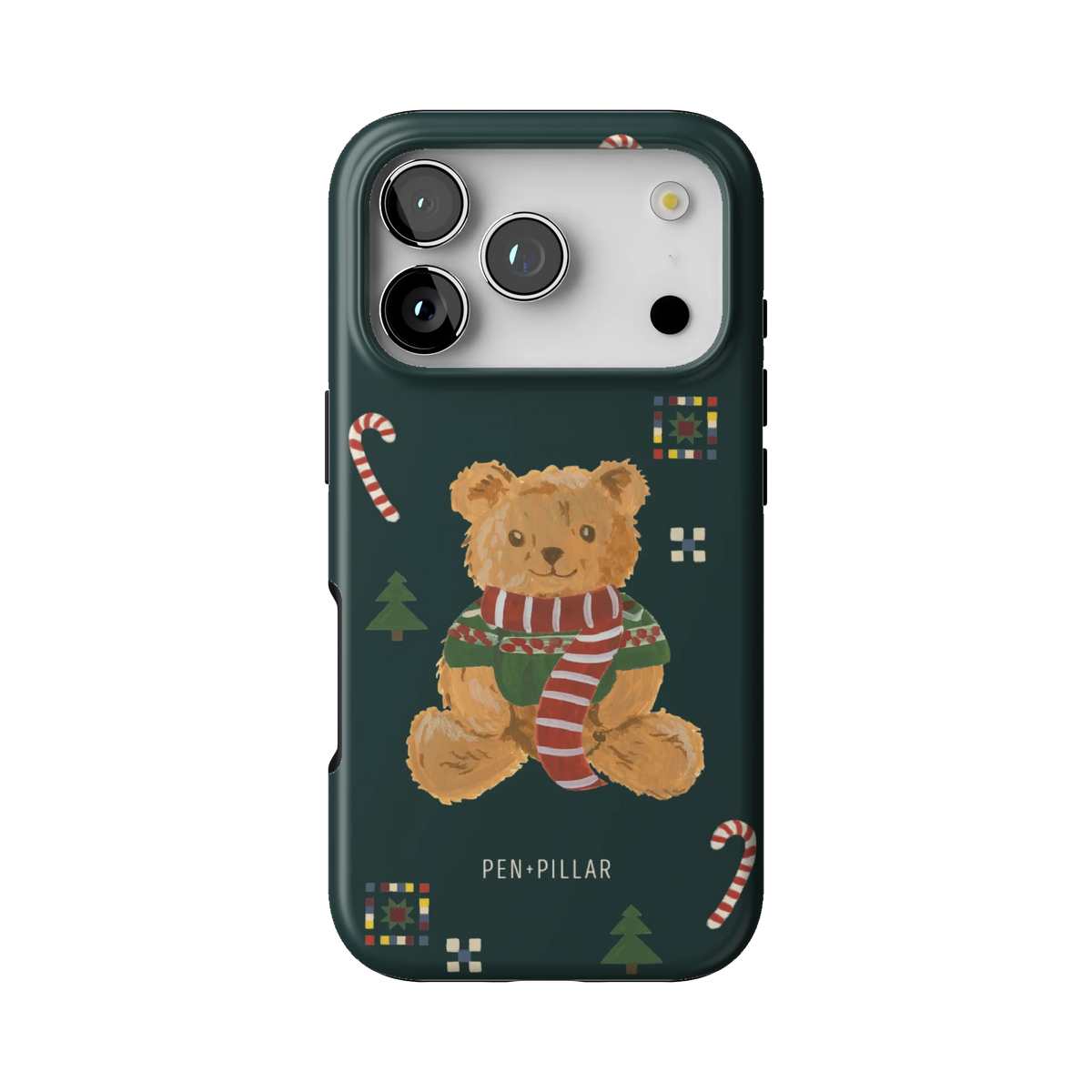 Teddy Bear case on iPhone 17 Pro, back view: a teddy bear in a striped scarf with candy canes on deep green