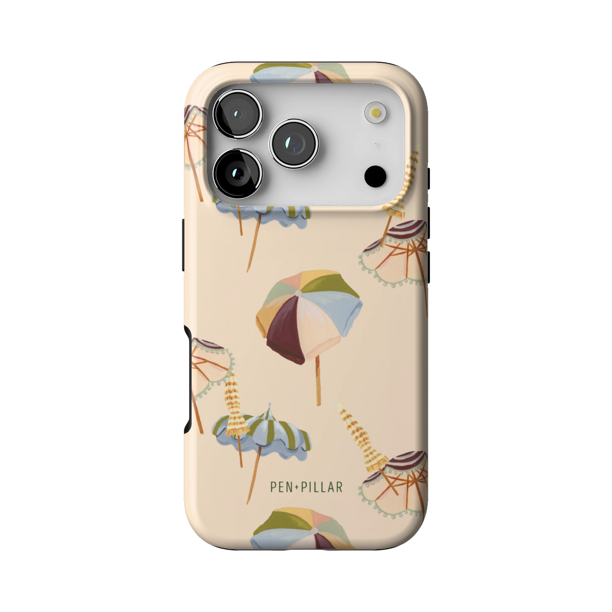 Umbrellas case on iPhone 17 Pro, back view: striped beach umbrellas and loungers on warm sand