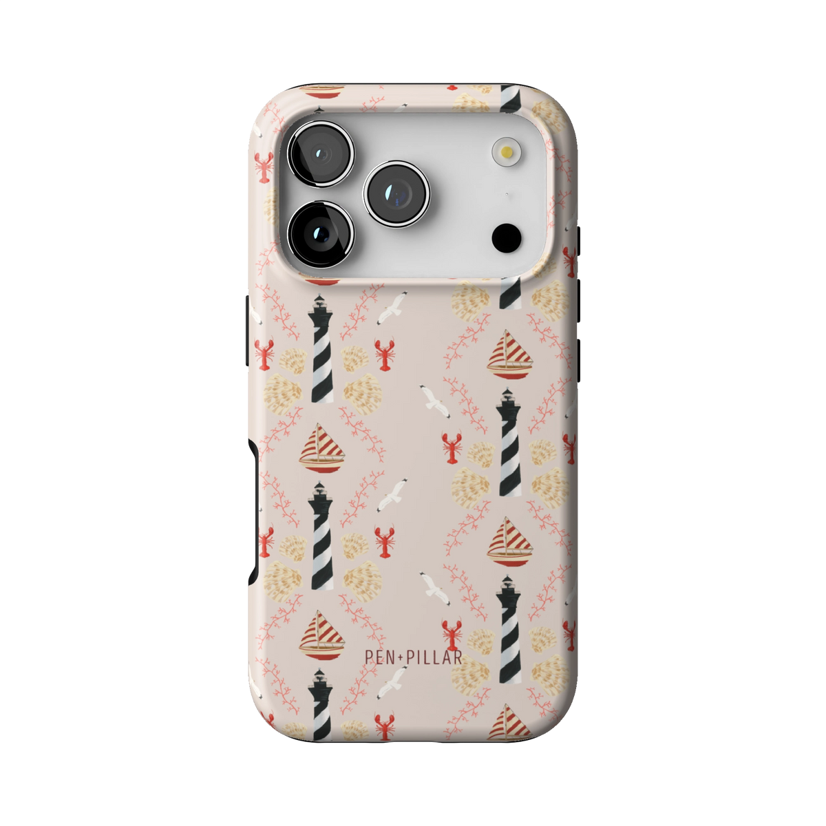 Lighthouse case on iPhone 17 Pro, back view: striped lighthouses, lobsters and seashells on blush