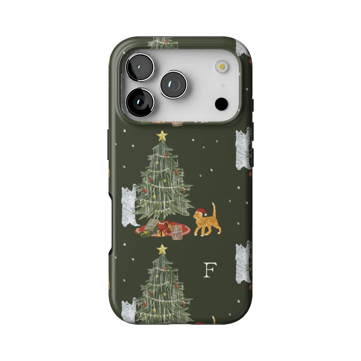 Festive Cats Personalized case on iPhone 17 Pro, back view: a Christmas tree, presents and playful cats on olive green with the initial F