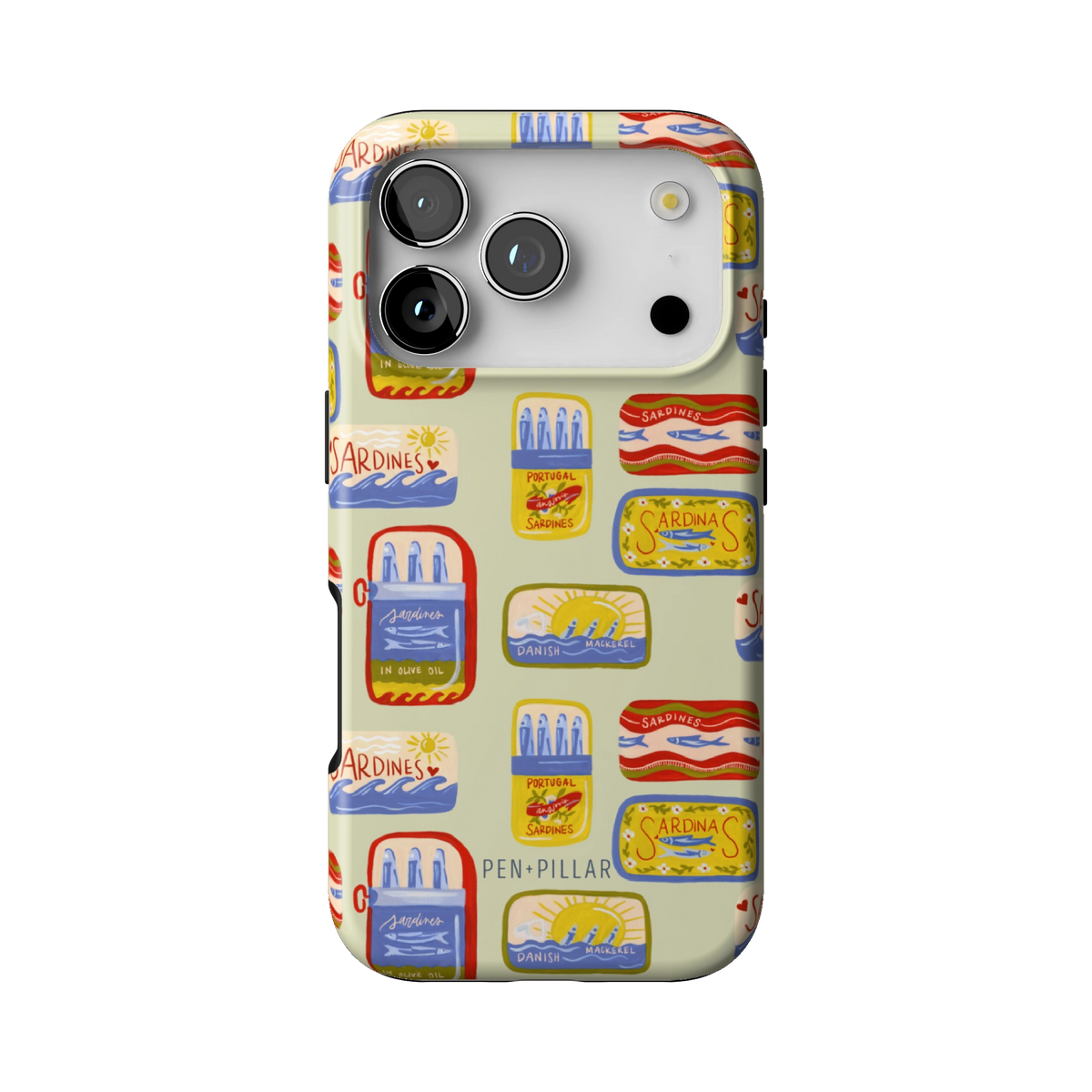 Sardines case on iPhone 17 Pro, back view: vintage sardine tins on pale sage