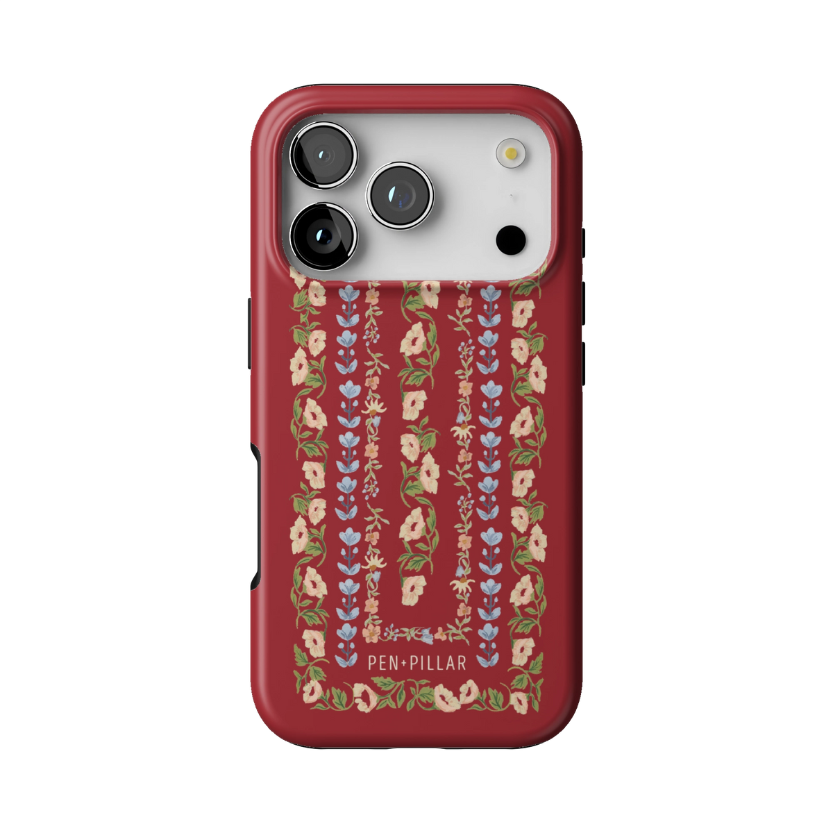 Fiona case on iPhone 17 Pro, back view: ornate floral stripes in cream, blush and blue on rich red