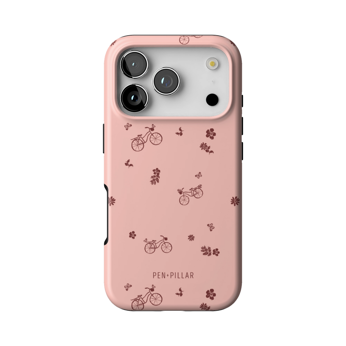 Bike Ride case on iPhone 17 Pro, back view: little bicycles and flower sprigs on pink