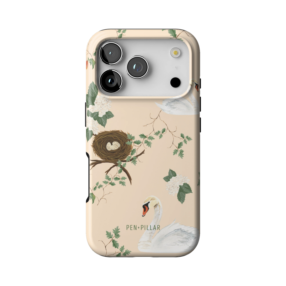Swan Hollow case on iPhone 17 Pro, back view: swans, a bird's nest and trailing greenery on cream