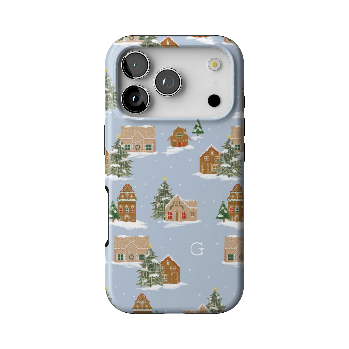 Gingerbread Village Personalized case on iPhone 17 Pro, back view: gingerbread houses and snowy evergreens on pale blue with the initial G