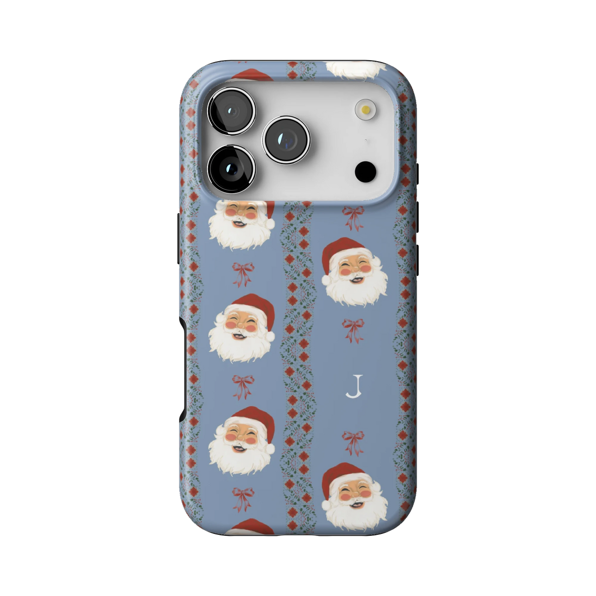 Jolly Personalized case on iPhone 17 Pro, back view: smiling Santa faces between red and green stripes on dusty blue with the initial J