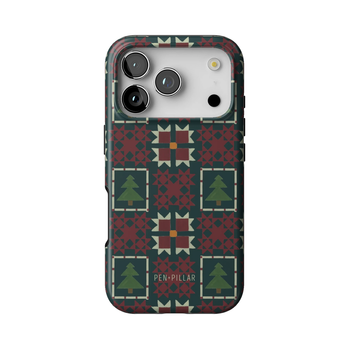 Evergreen case on iPhone 17 Pro, back view: deep green quilt blocks with red stars and small pine trees