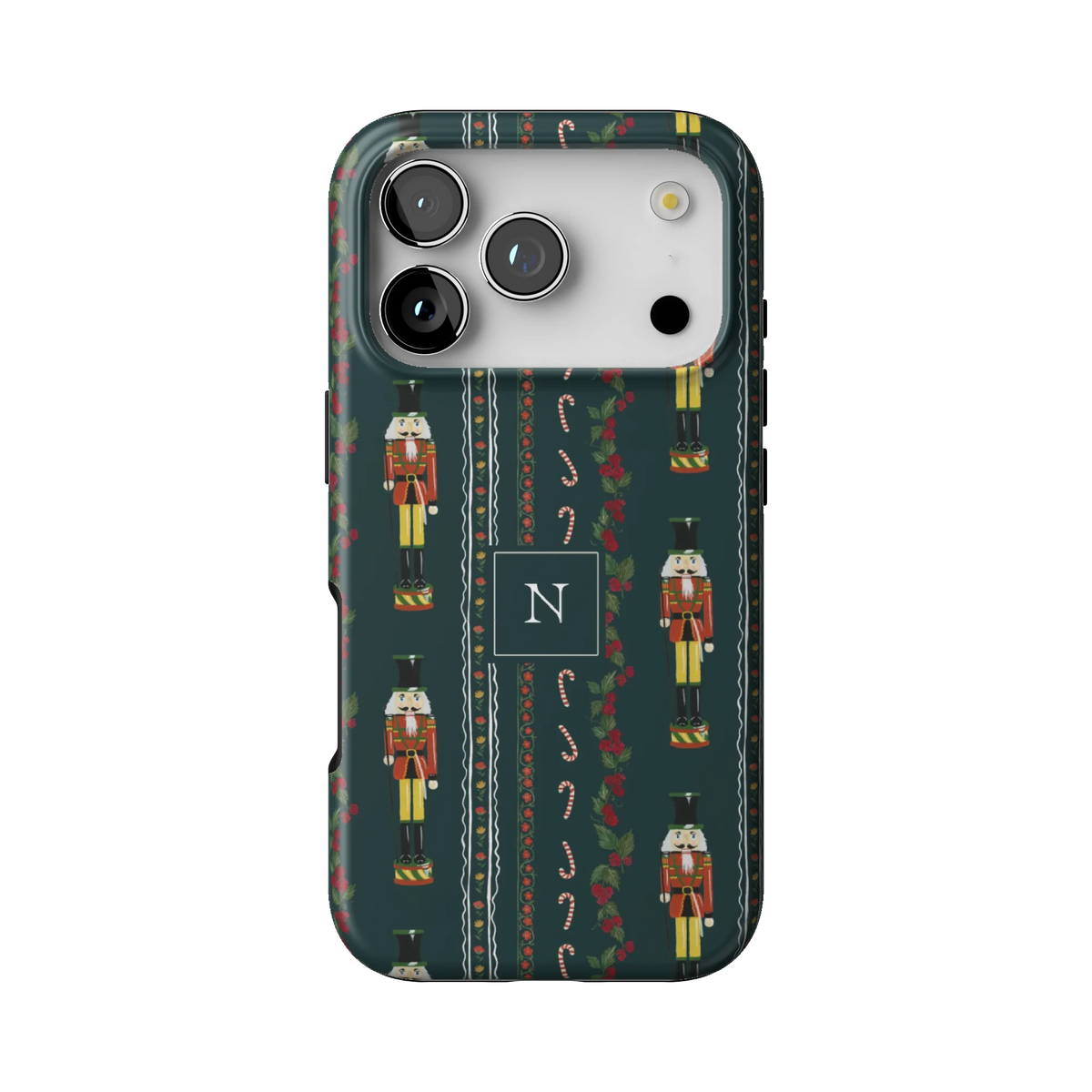 Nutcracker Personalized case on iPhone 17 Pro, back view: nutcrackers, candy canes and holly garlands on deep green with the initial N