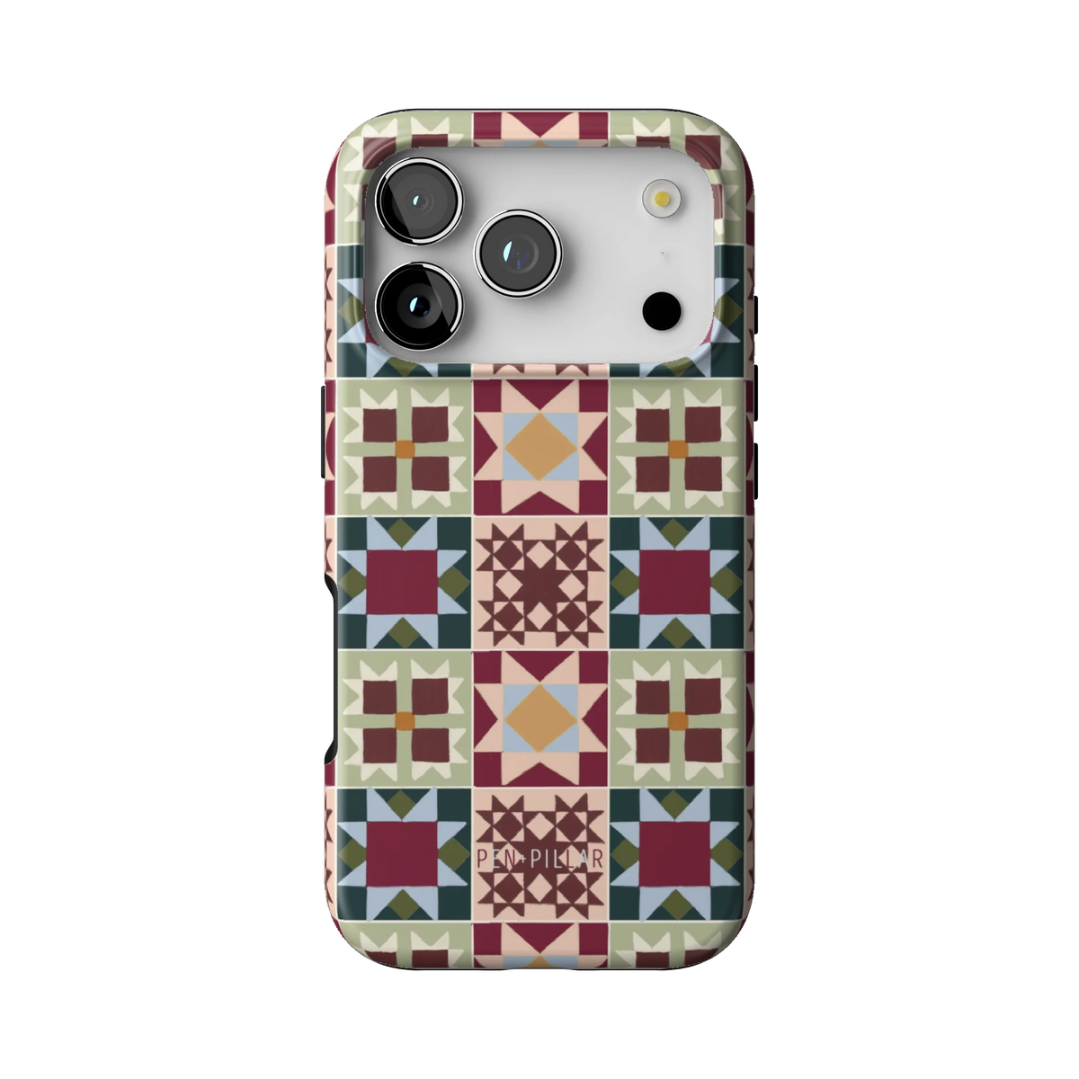 Sugarplum case on iPhone 17 Pro, back view: quilt blocks in burgundy, forest green, blush and gold