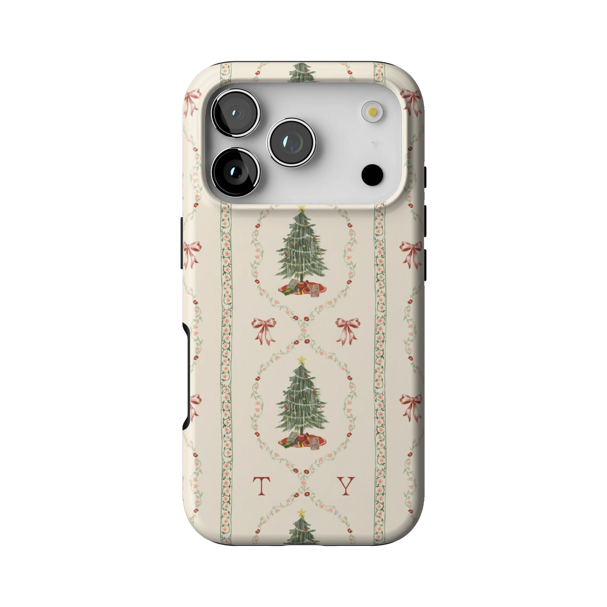 Yuletide Personalized case on iPhone 17 Pro, back view: Christmas trees framed by red ribbon garlands on cream with the initials TY
