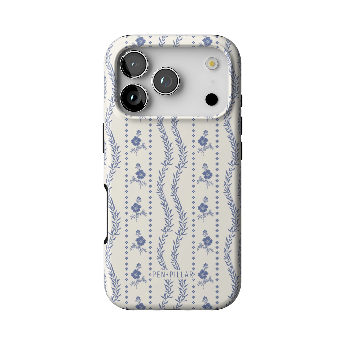 Riviera case on iPhone 17 Pro, back view: blue florals and vines in stripes on white