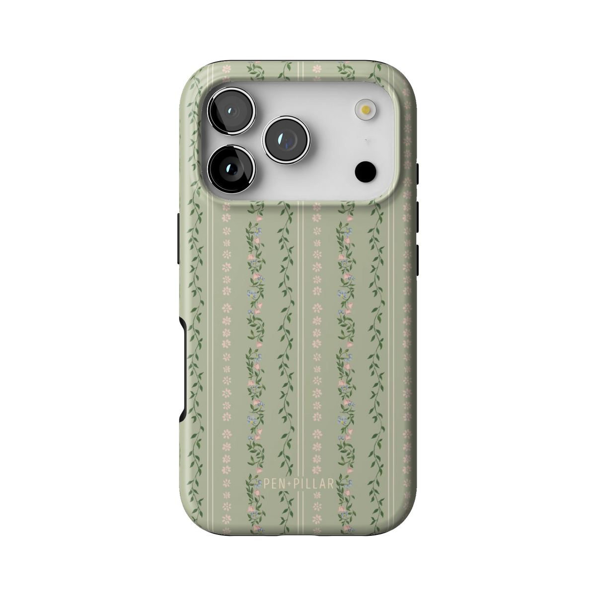 Camellia case on iPhone 17 Pro, back view: sage green with soft floral stripes