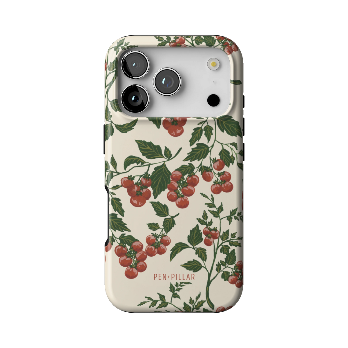 Tomato Vines case on iPhone 17 Pro, back view: red tomatoes on leafy green vines over cream