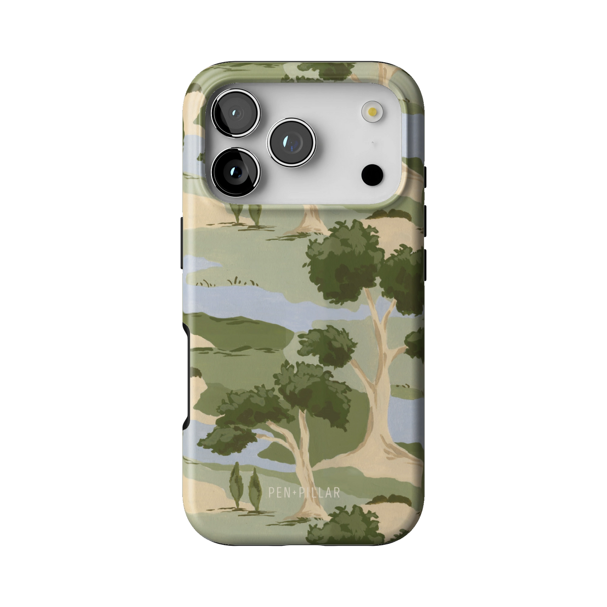 Orchard case on iPhone 17 Pro, back view: rolling green trees and winding blue streams on cream