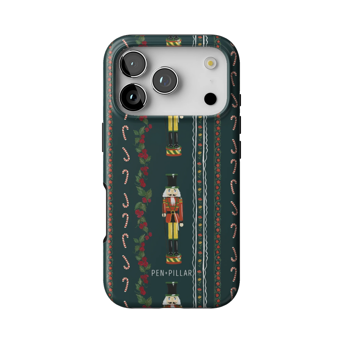 Nutcracker case on iPhone 17 Pro, back view: nutcrackers, candy canes and holly garlands on deep green