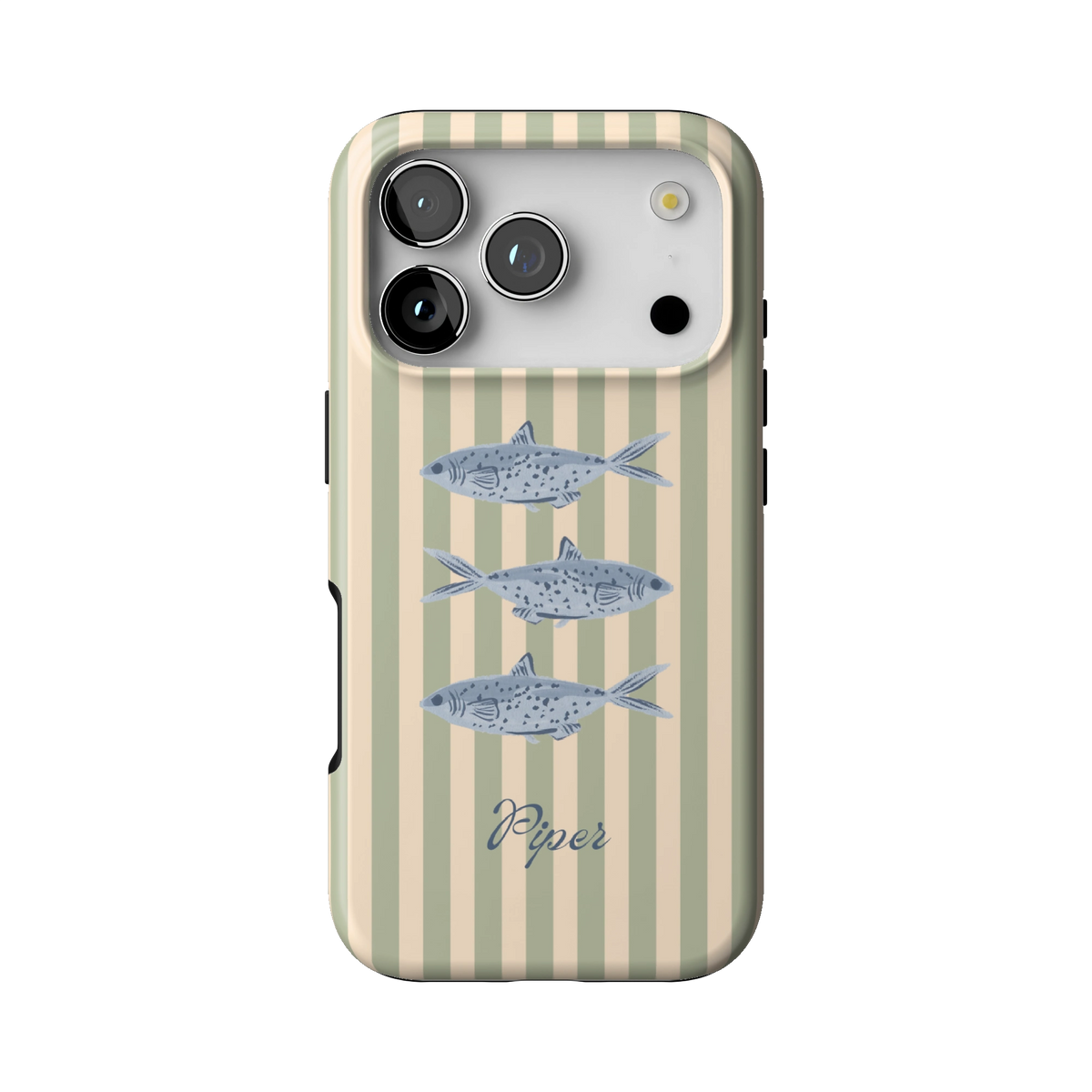 Sea Stripes Personalized case on iPhone 17 Pro, back view: blue fish on sage and cream stripes with the name Piper