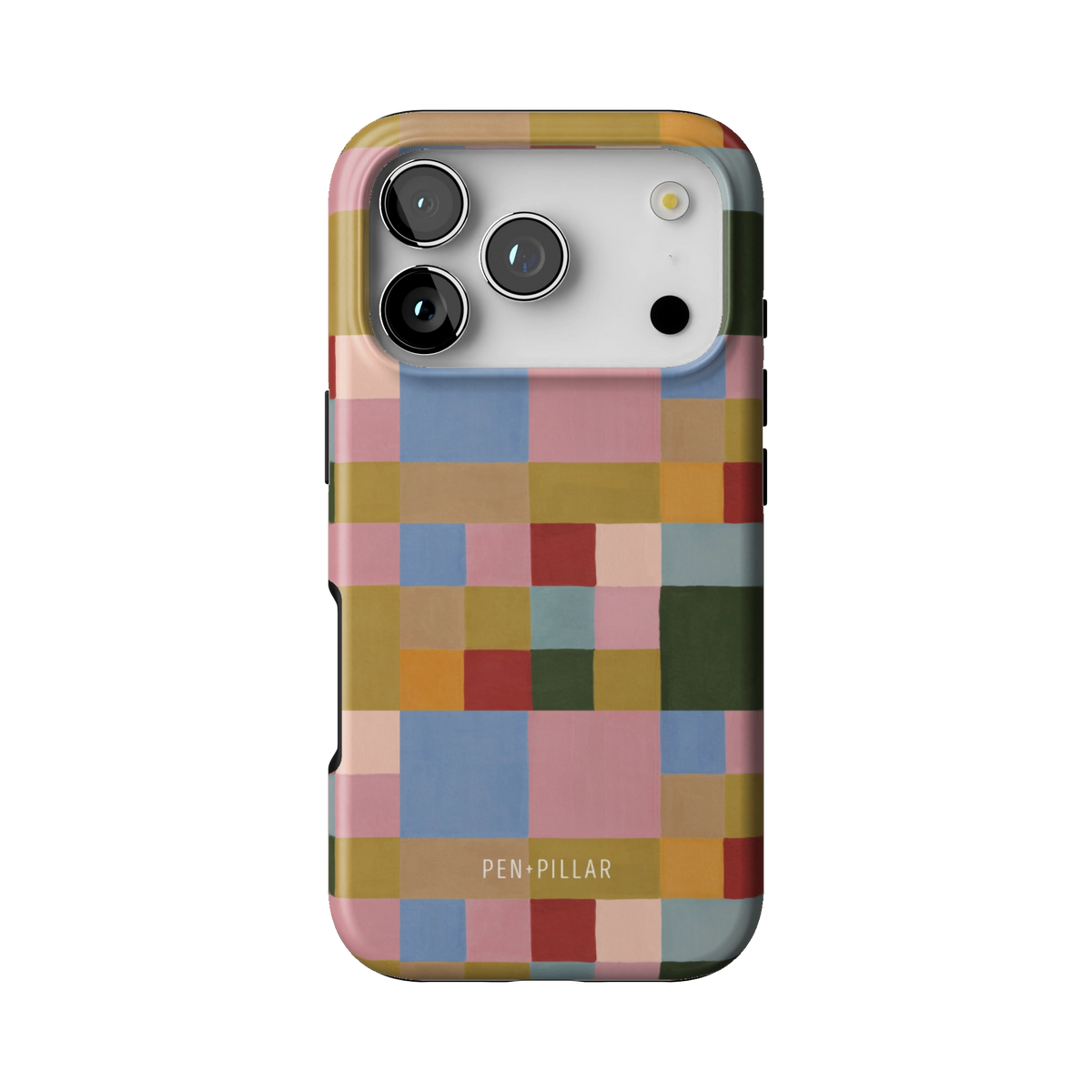 Colorblock case on iPhone 17 Pro, back view: painterly squares in blush, sky blue, mustard, rust and forest green