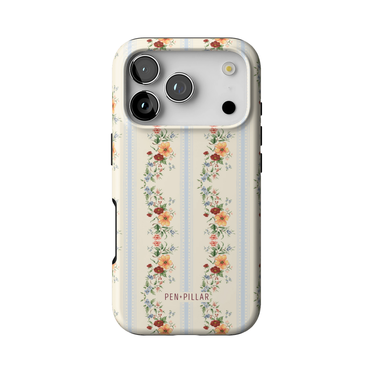 Wallflower case on iPhone 17 Pro, back view: floral garlands in orange and blush on cream and pale blue stripes