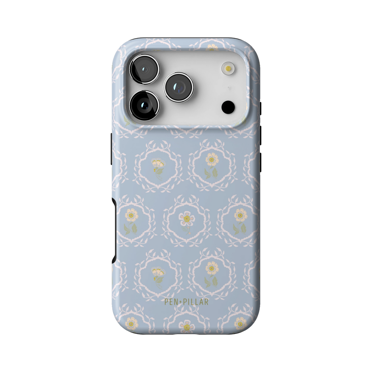 Merrigold case on iPhone 17 Pro, back view: small white florals in a lattice on pale blue