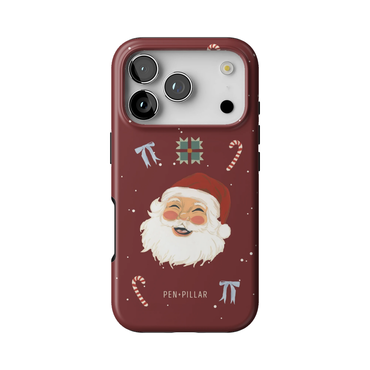Santa case on iPhone 17 Pro, back view: a laughing Santa with candy canes on deep red