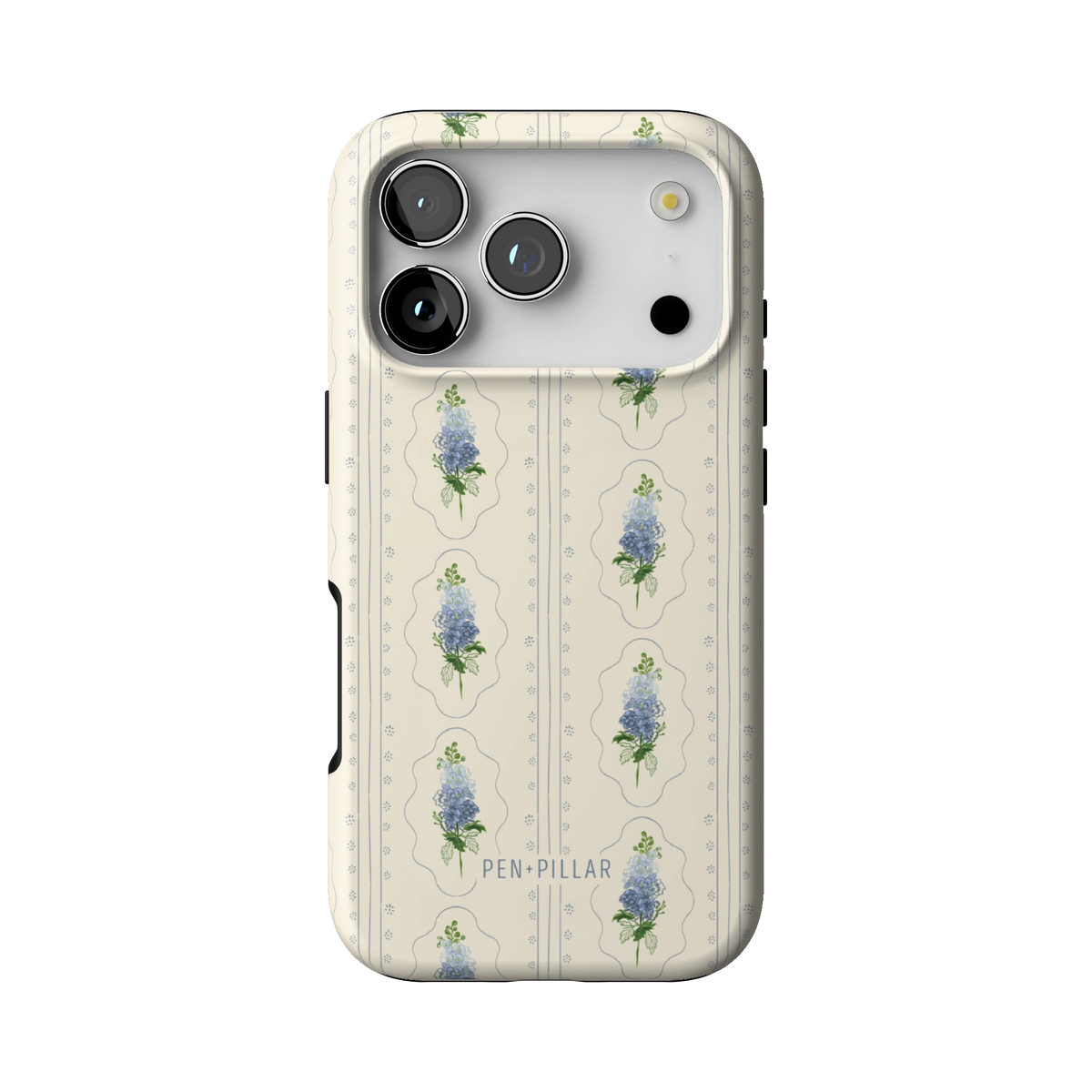 July Birth Month case on iPhone 17 Pro, back view: blue larkspur in cream frames