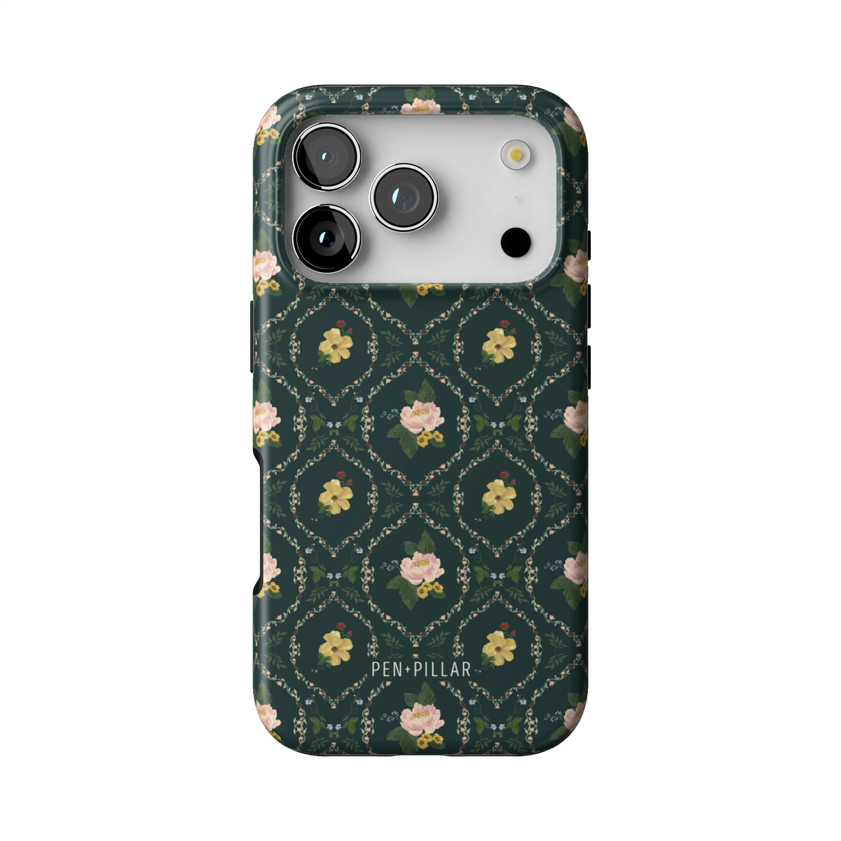 Meadow case on iPhone 17 Pro, back view: small yellow and pink flowers in a diamond trellis on deep green