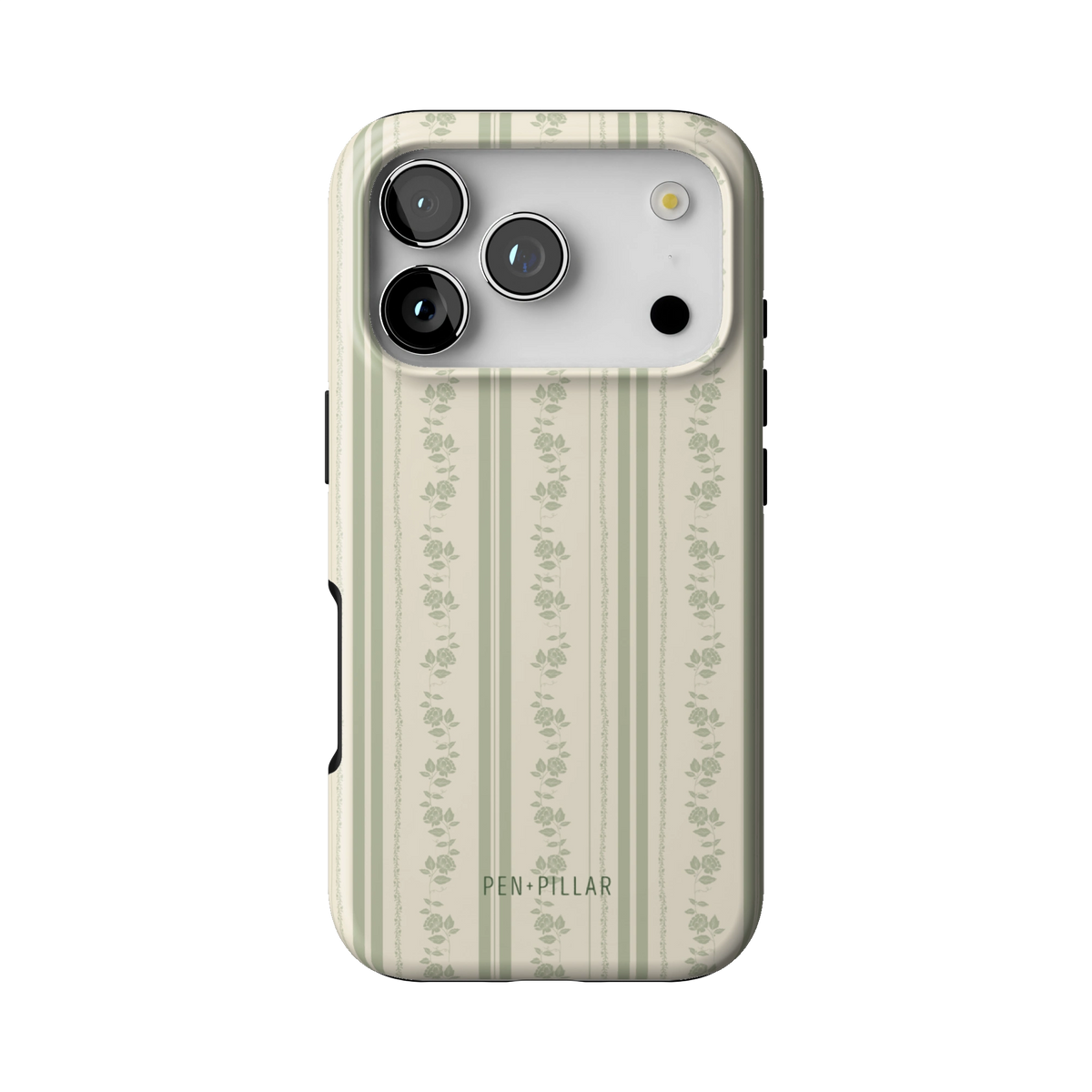 Roselle case on iPhone 17 Pro, back view: white floral vines on sage green stripes