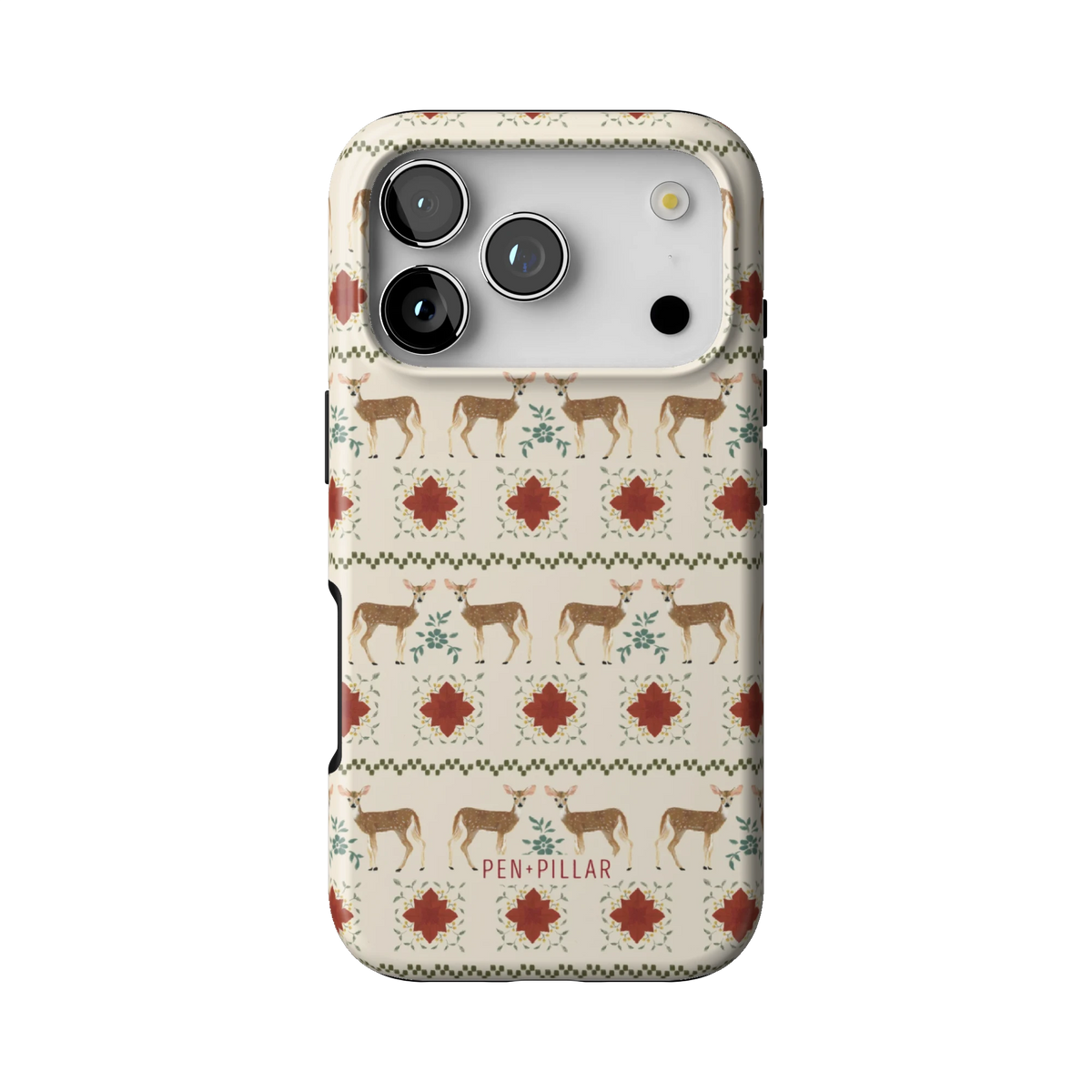 Cardigan case on iPhone 17 Pro, back view: rows of deer and red flower motifs like a holiday sweater, on cream