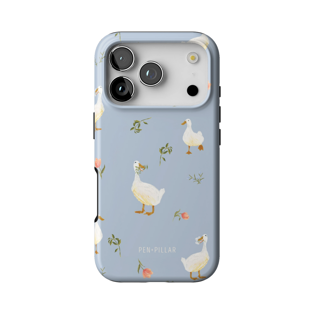 Ducks case on iPhone 17 Pro, back view: white ducks and small flower sprigs on soft blue