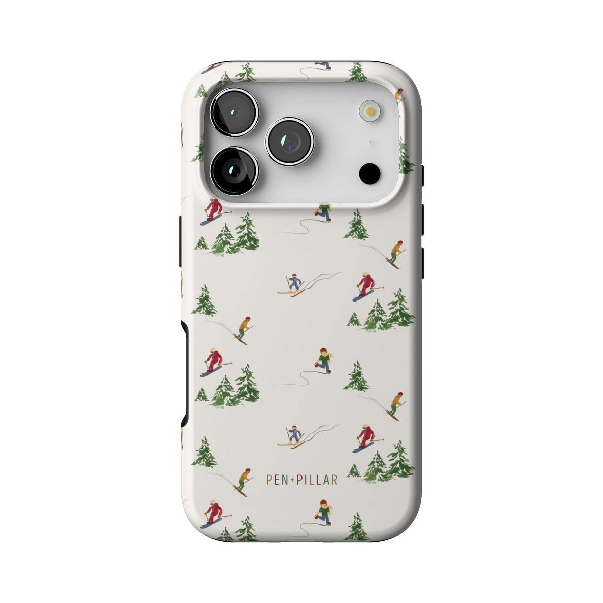 Slopes case on iPhone 17 Pro, back view: little skiers and snowy pine trees on cream
