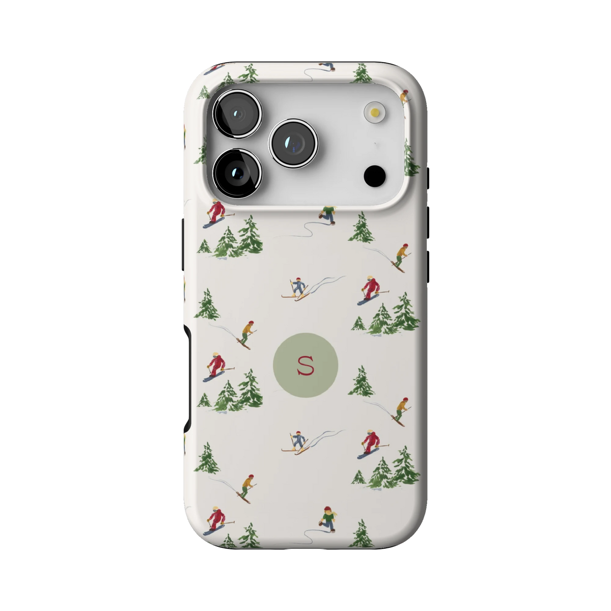 Slopes Personalized case on iPhone 17 Pro, back view: little skiers and snowy pine trees on cream with the initial S