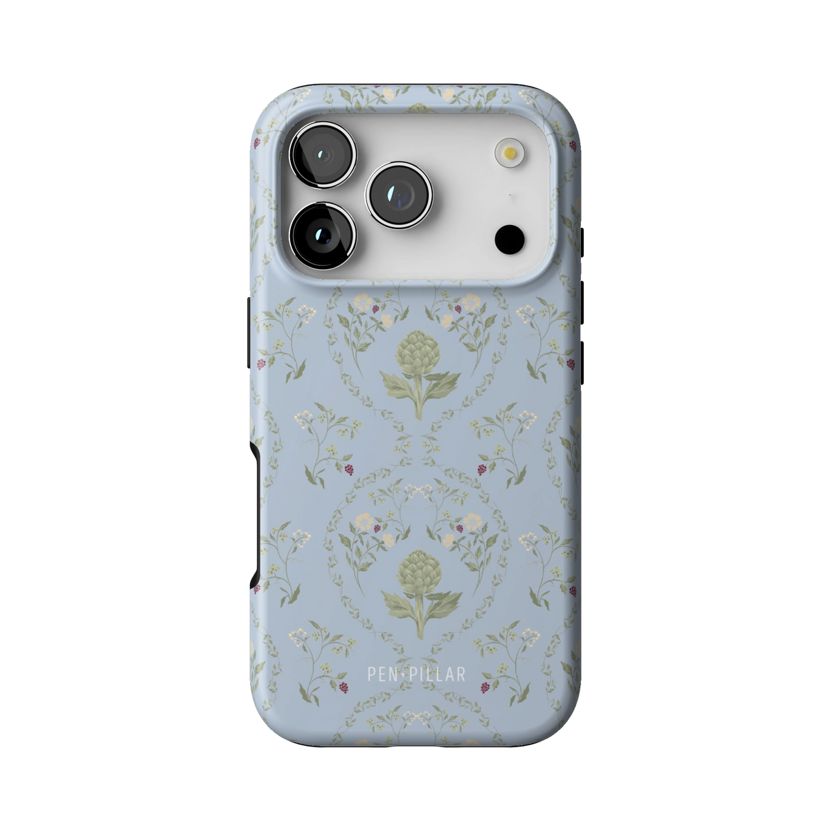 Artichoke case on iPhone 17 Pro, back view: soft green artichokes in a vintage trellis on dusty blue