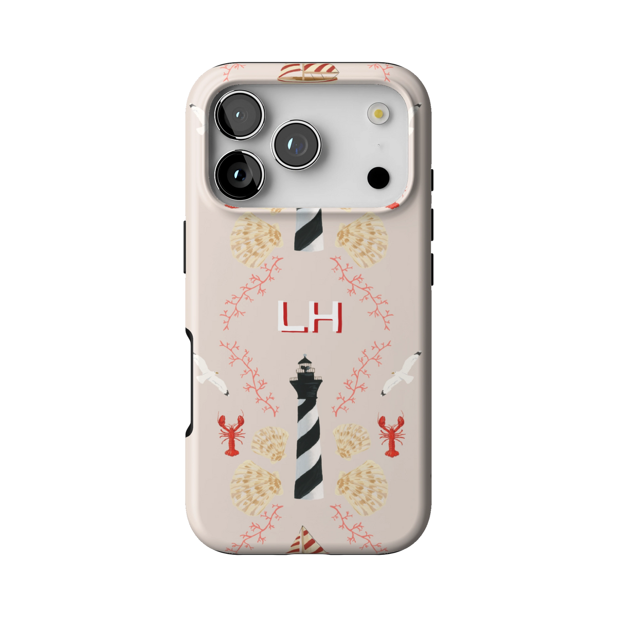 Lighthouse Personalized case on iPhone 17 Pro, back view: striped lighthouses, lobsters and seashells on blush with the initials LH