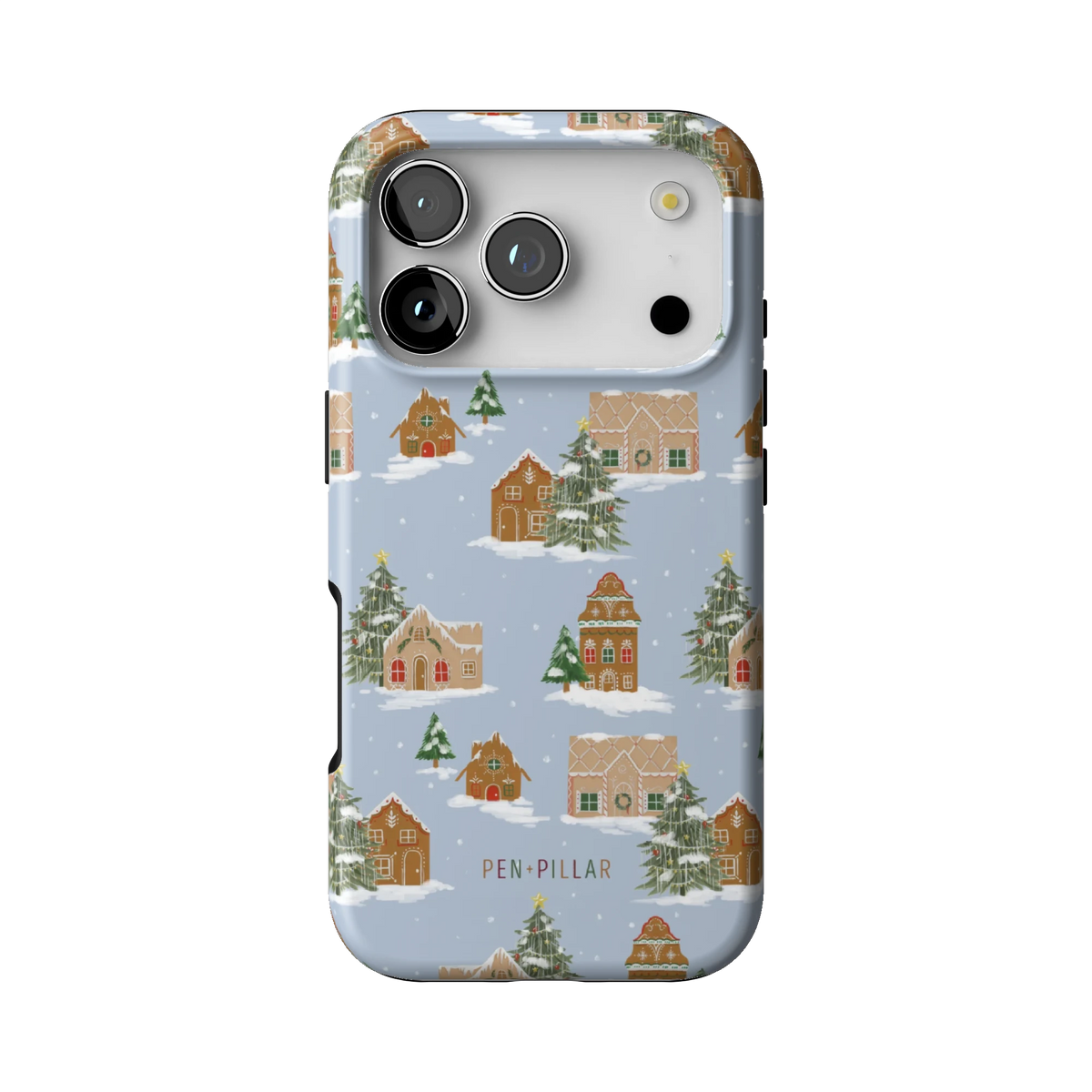 Gingerbread Village case on iPhone 17 Pro, back view: gingerbread houses and snowy evergreens on pale blue