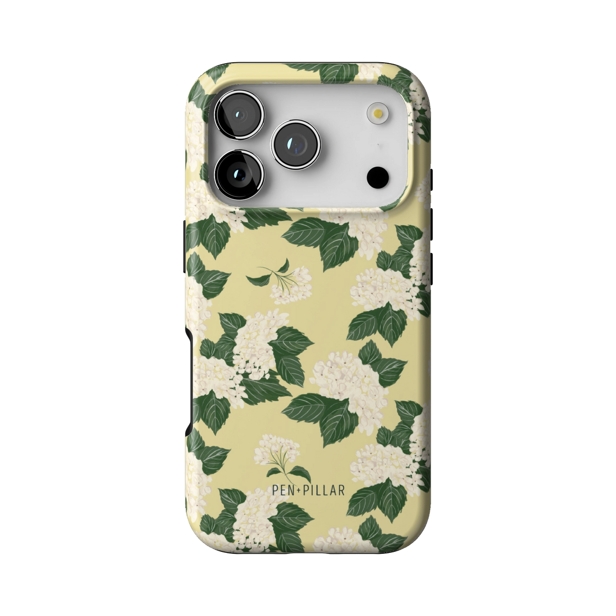 Hydrangea case on iPhone 17 Pro, back view: white hydrangeas and green leaves on buttery yellow