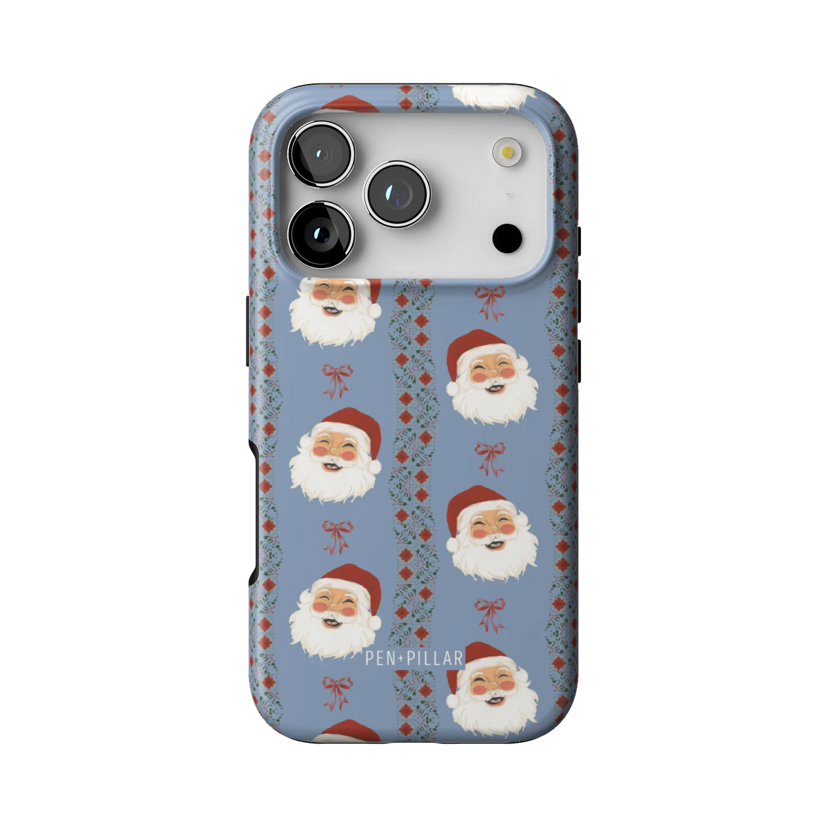 Jolly case on iPhone 17 Pro, back view: smiling Santa faces between red and green stripes on dusty blue