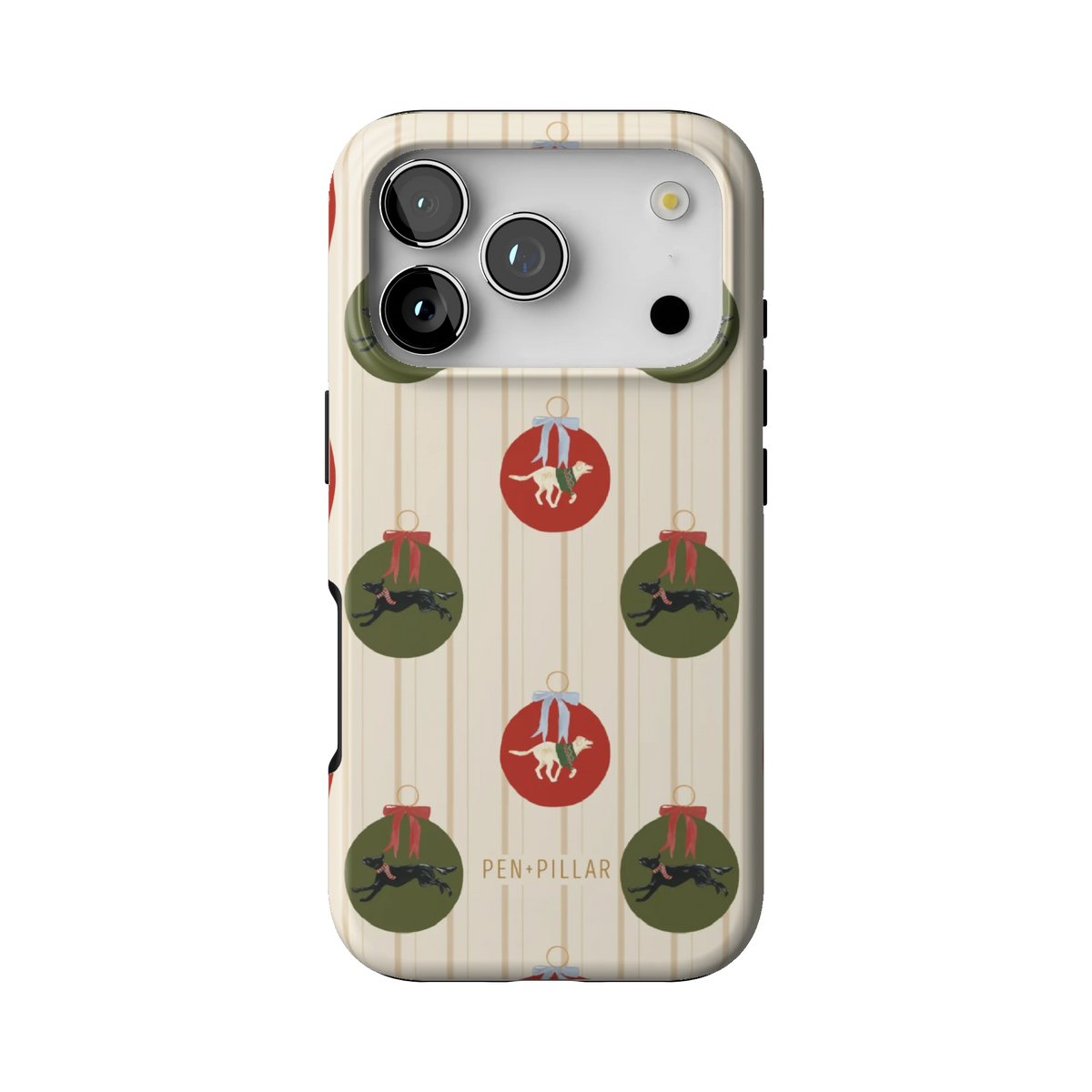 Festive Dogs case on iPhone 17 Pro, back view: red and green ornaments with leaping dogs on cream pinstripes