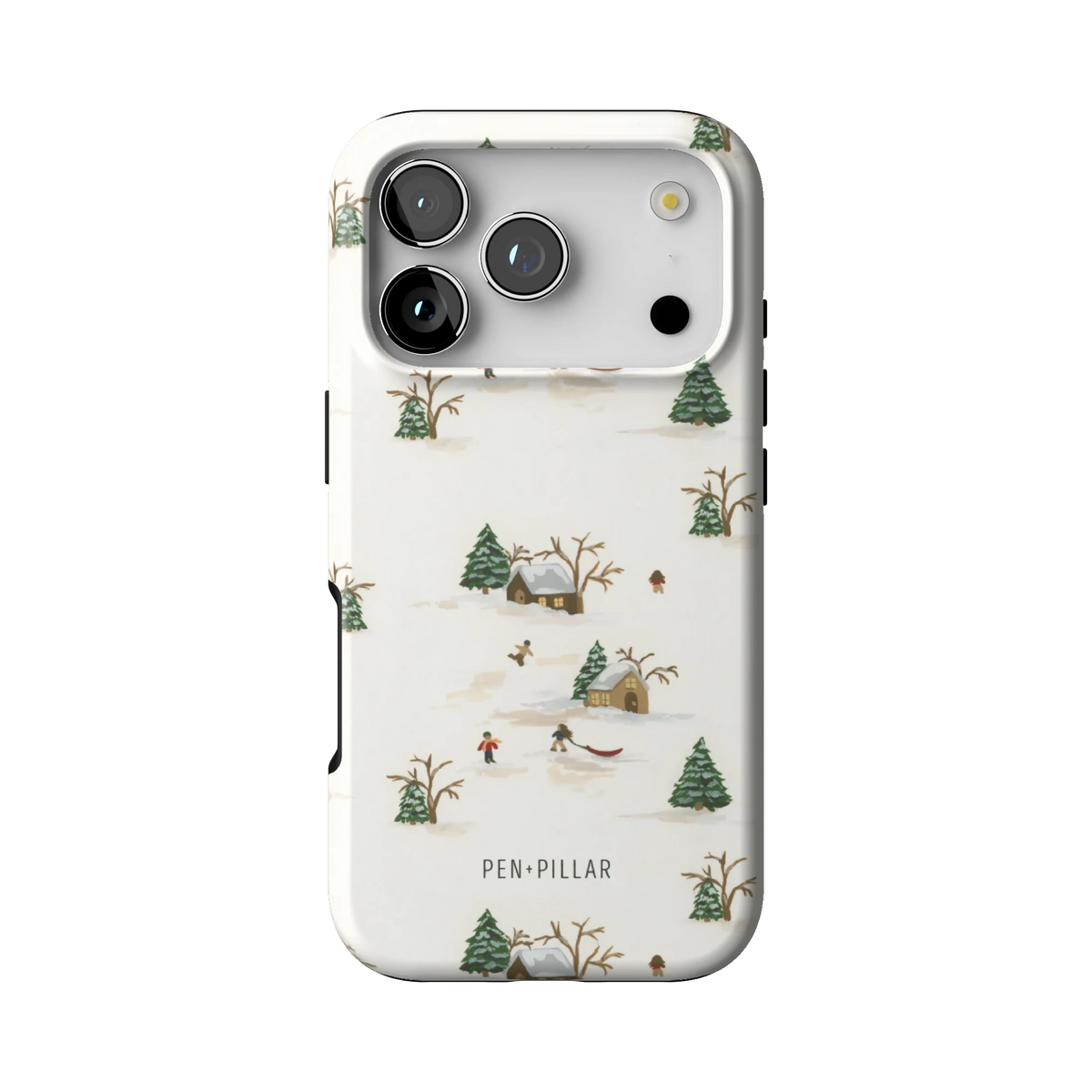 Winter Village case on iPhone 17 Pro, back view: a snowy village with cottages, sledders and evergreens