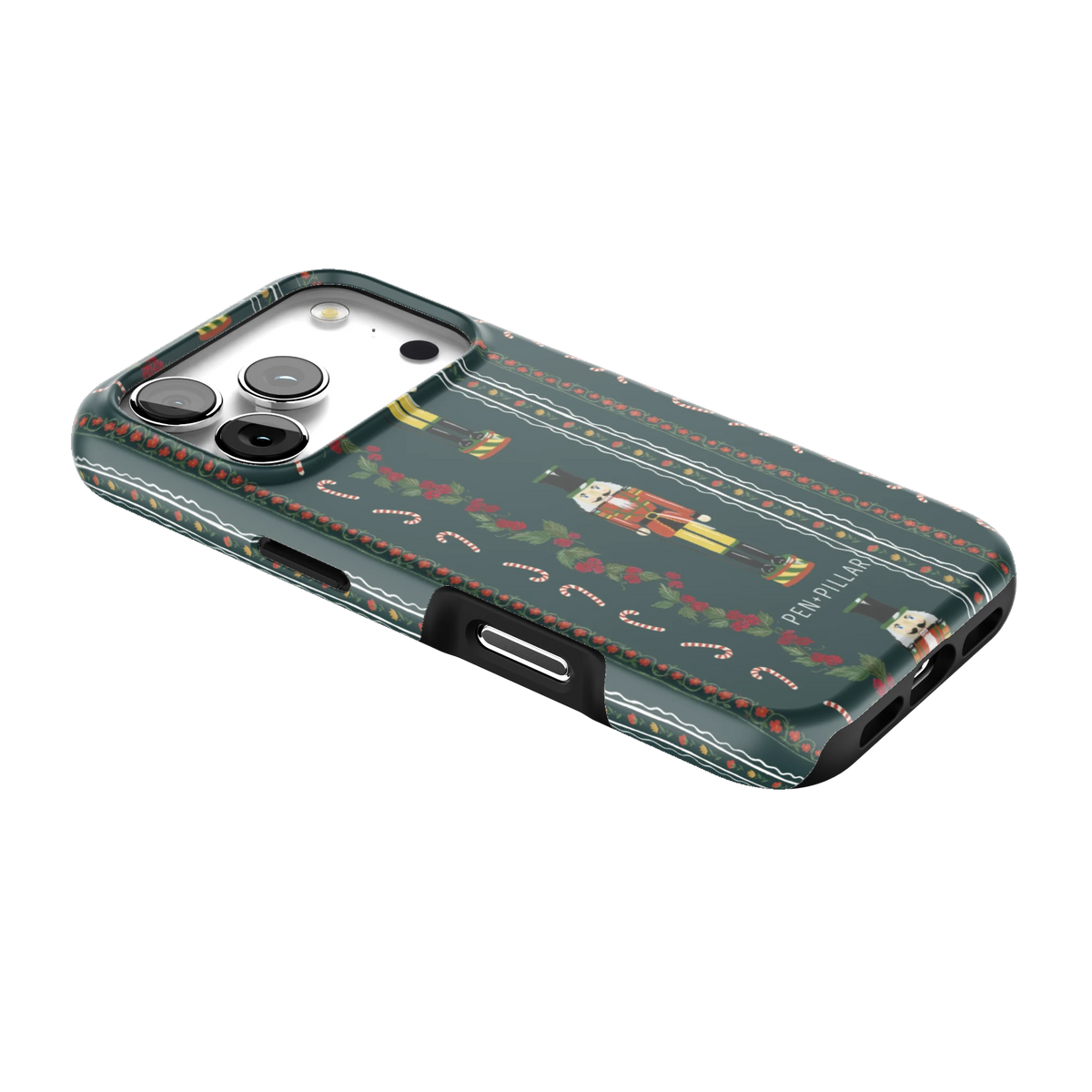 Nutcracker iPhone 17 Pro case lying at an angle, showing the side buttons and print wrapping the edges